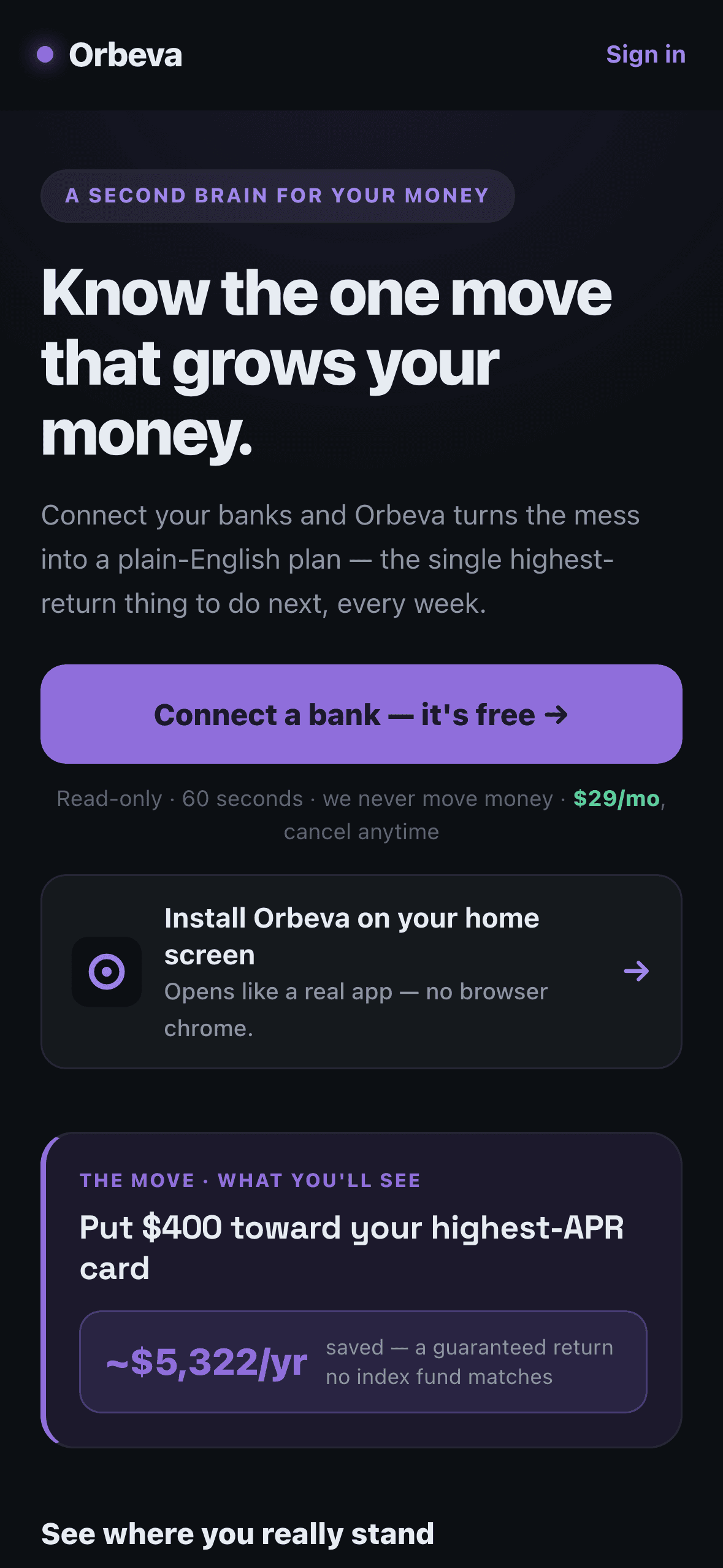 Orbeva mobile product screen showing the live app onboarding and install experience.