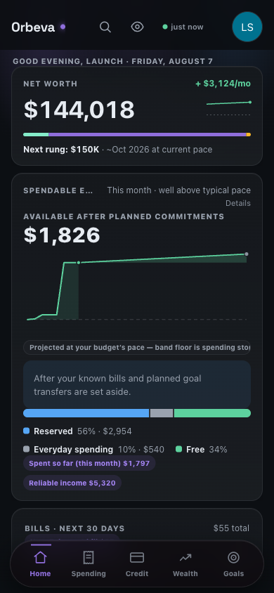 The Orbeva Finance app home screen on a phone